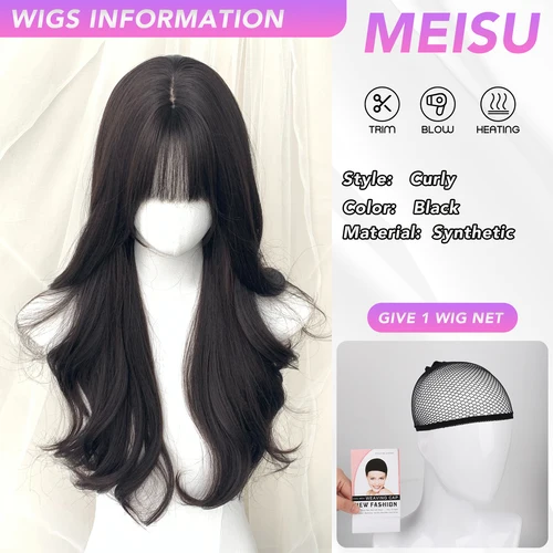 Imagen 2 del producto MEISU-peluca negra de onda larga de 26 pulgadas, fibra sintética en capas, pelo liso Natural resistente al calor para mujer, uso diario, peluca con flequillo bonito