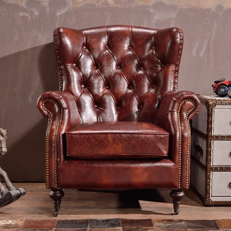 oil wax leather brown single cha ir sof a tiger ch air high backrest pull buck le hotel recep tion living room