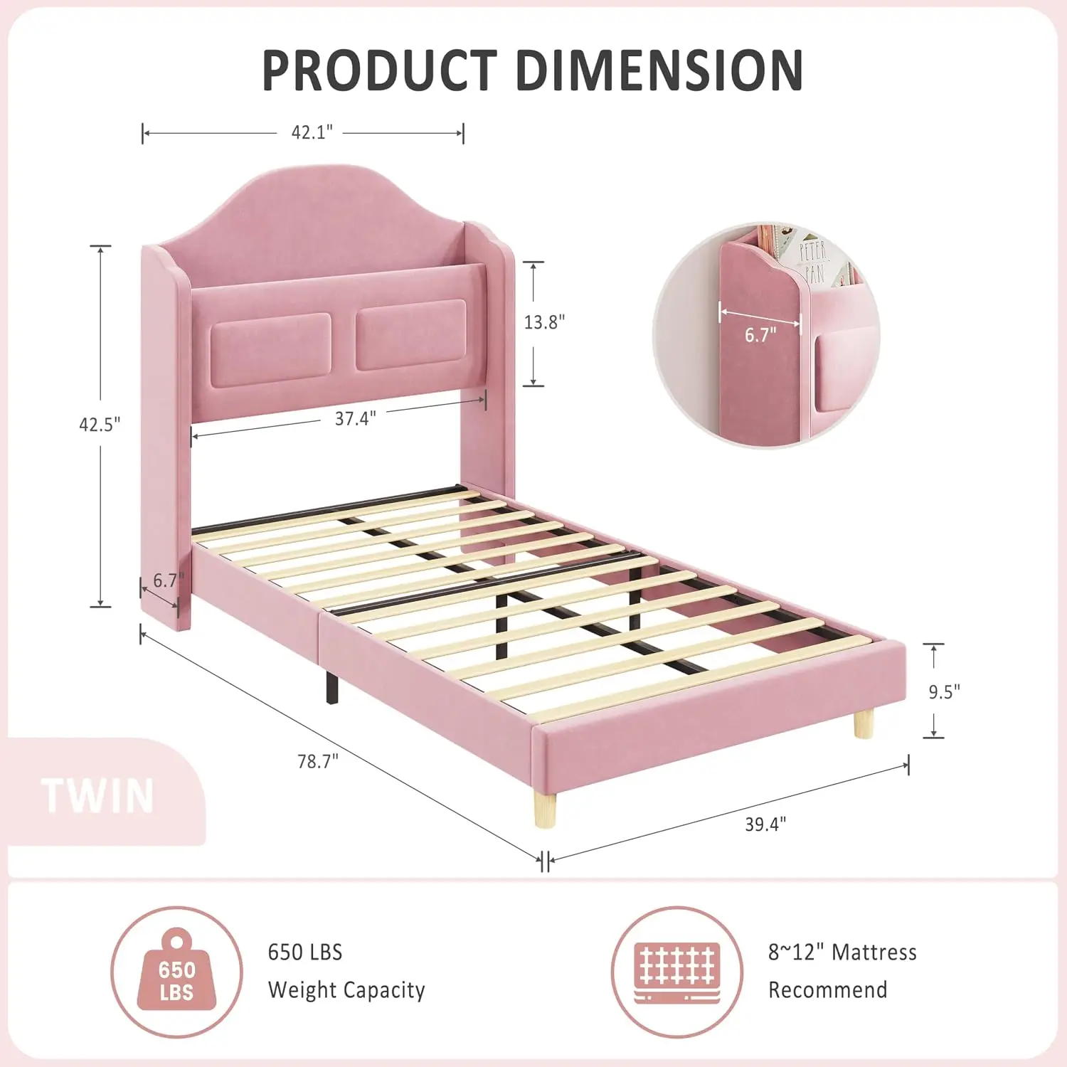Twin Bed Frame for Kids, Upholstered Velvet Princess Platform Bed, Pink | Wingback Headboard with LED Light &, Customized