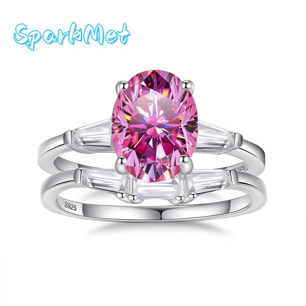 

SparkMet 100% 2.0ct Pink Oval Moissanite 2 Ring 7x9MM with Certificate Passed Diamond Test S925 Silver Jewelry Women Gift