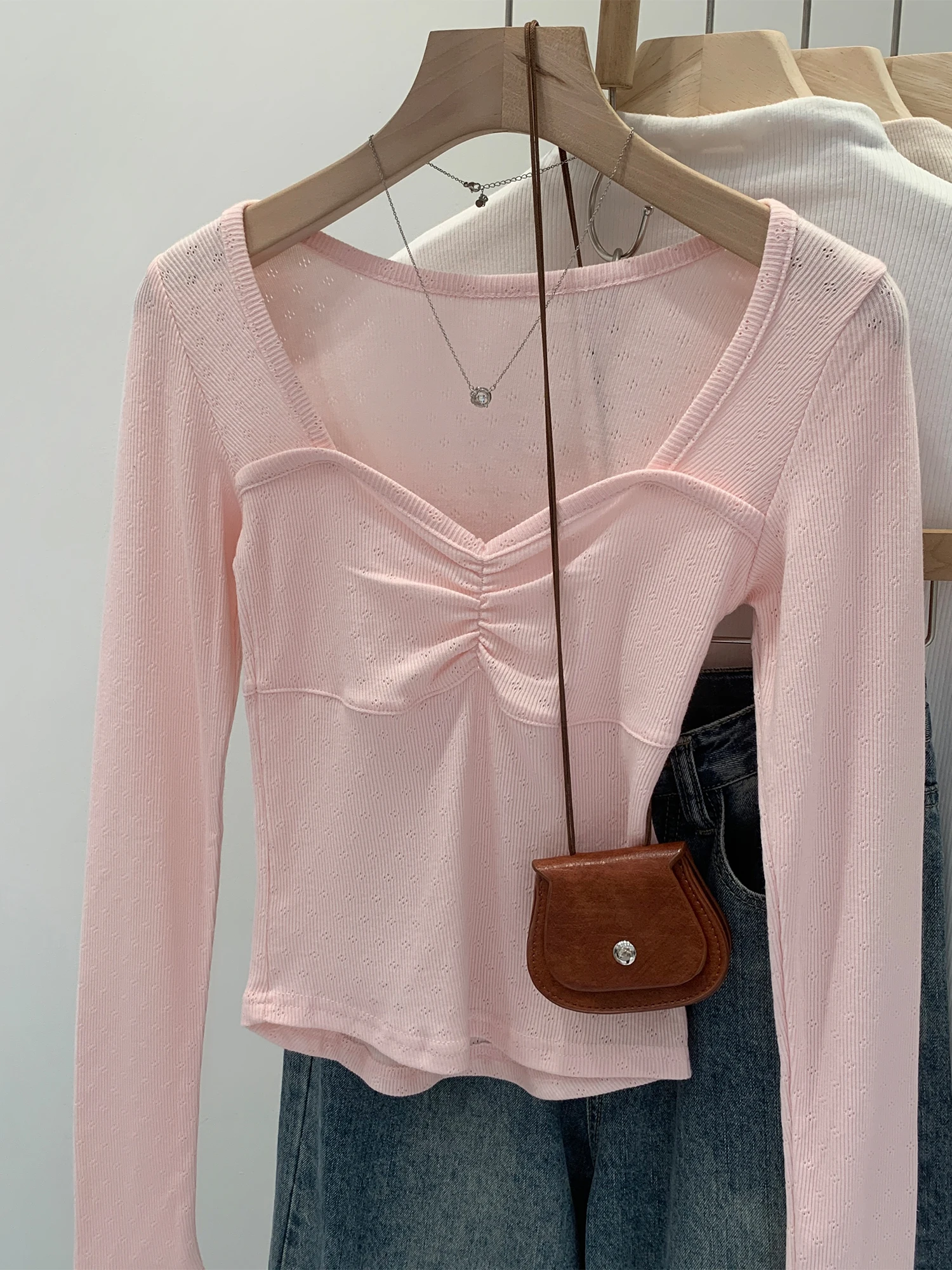 Korean Style Long Sleeve Short T-Shirt Women's Slim Fit Beautiful Square Collar Top Breathable Sweat Absorbent Summer Wear