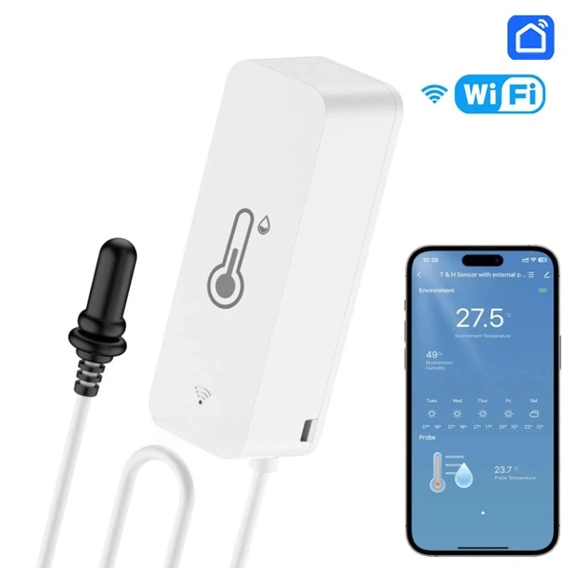 

Wifi Temperature and Humidity Sensor With External Probe Smart Life Hygrometer APP Monitoring For Plants Aquarium Winery