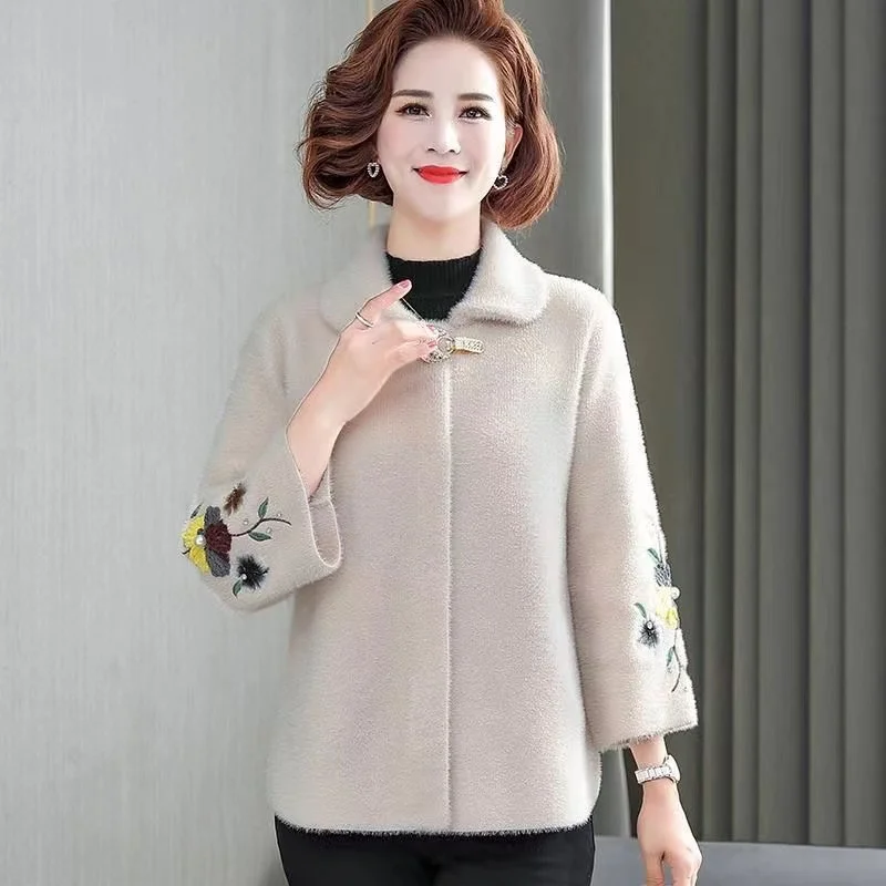 Mother Winter Jacket Short Thicken Imitation Mink Cashmere Coat Middle Aged Women Knitted Cardigan Jacket Female Woolen Overcoat