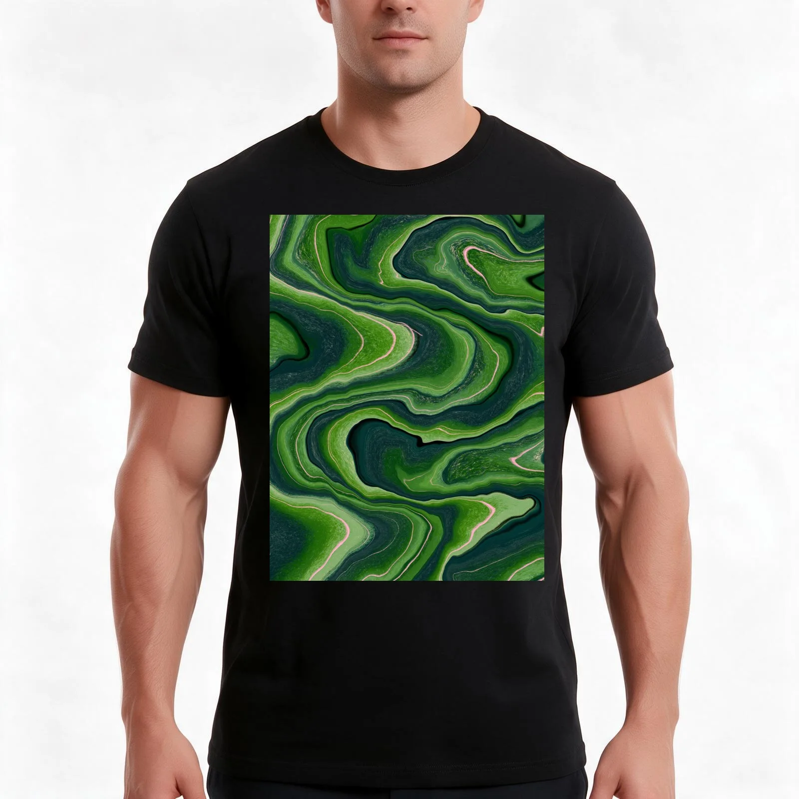 Vivid green Waves abstract T-Shirt, Summer Casual Cotton Tee, Oversized Streetwear Tops, Vintage Graphic Print, Unisex Men Women