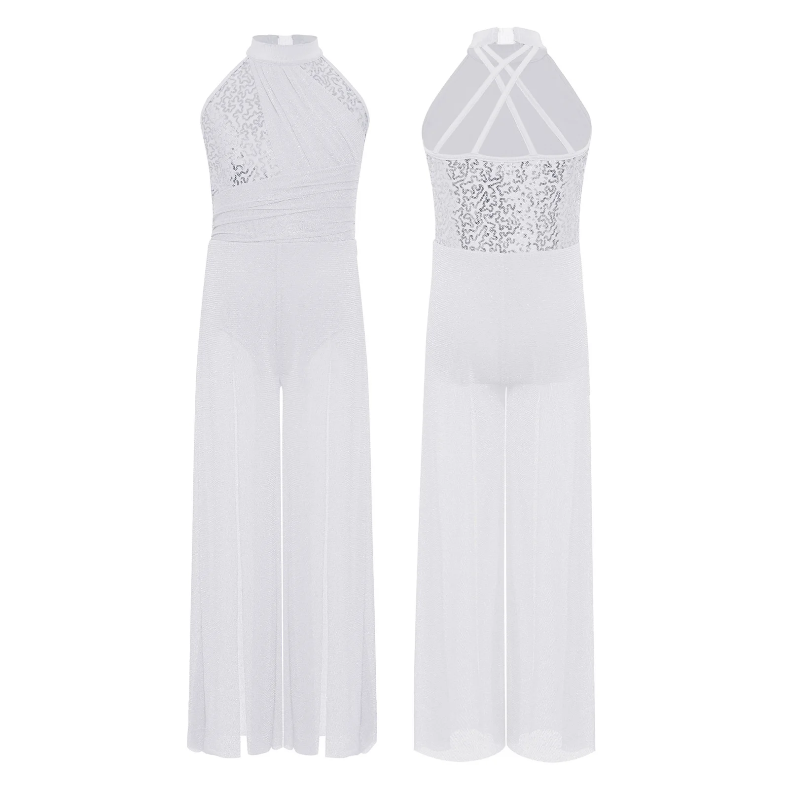Kinderen Meisjes Lyrische Dansvoorstelling Jumpsuit Mouwloze Pailletten Mesh Split Wijde Pijpen Body met Mock Hals Kriskras Terug