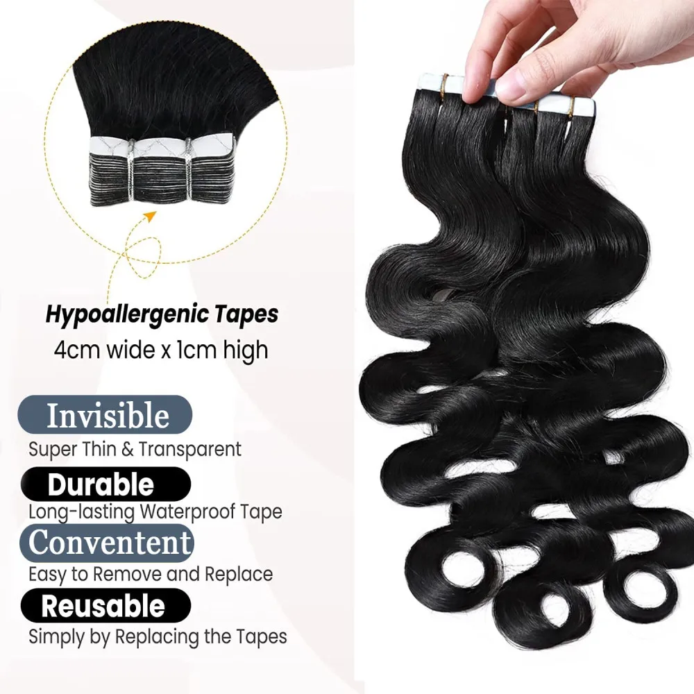 Tape In Haarverlängerungen, gewellt, unsichtbarer Kleber, brasilianisches 100 % Echthaar, natürliches Schwarz, 20 Stück, 50 g/Packung für Damen