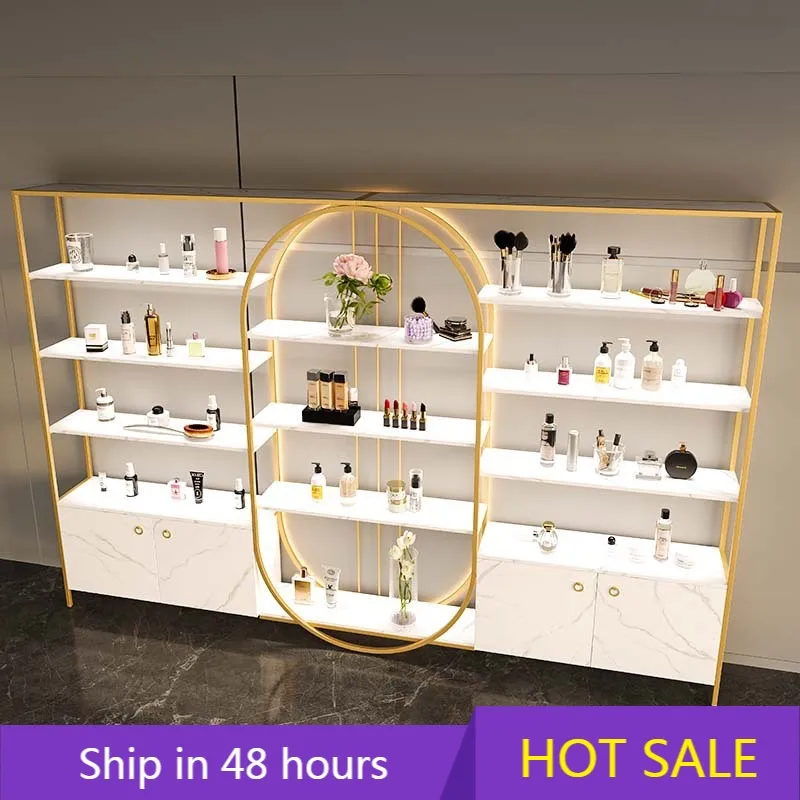 

YTYIN Metal Skincare Cosmetics Display Stand Beauty Salon Storage Rack with Nail Art Cabinet Product Display Cabinet with Lighti