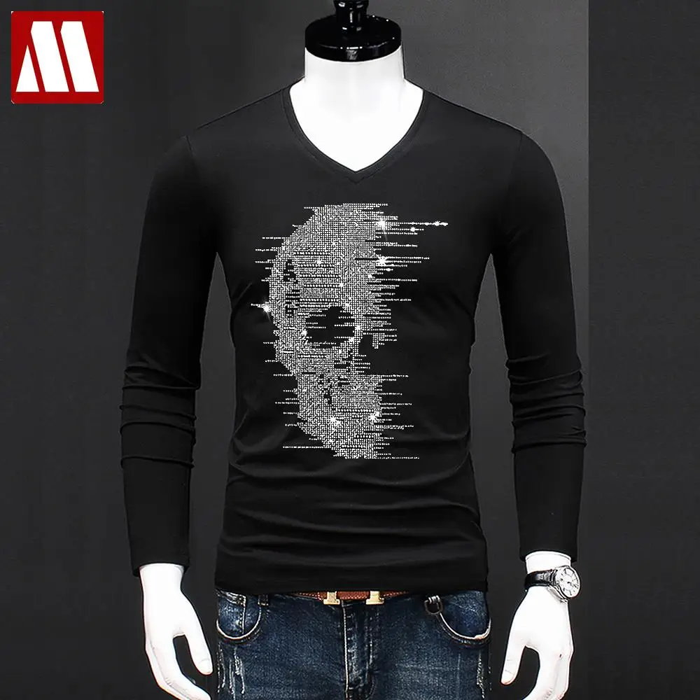 2024 New Hot Fix Rhinestone Skull Funny T shirts Brand Men's Casual Crystal Stone Printed T shirt Men Clothes Fancy Summer Tops