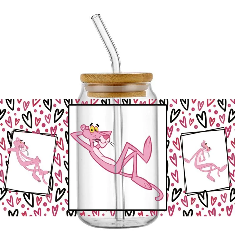 Miniso Pink Naughty Panther pattern For The 16oz Libbey Glasses Wraps Cup Can DIY Waterproof Easy To Use Custom Decals