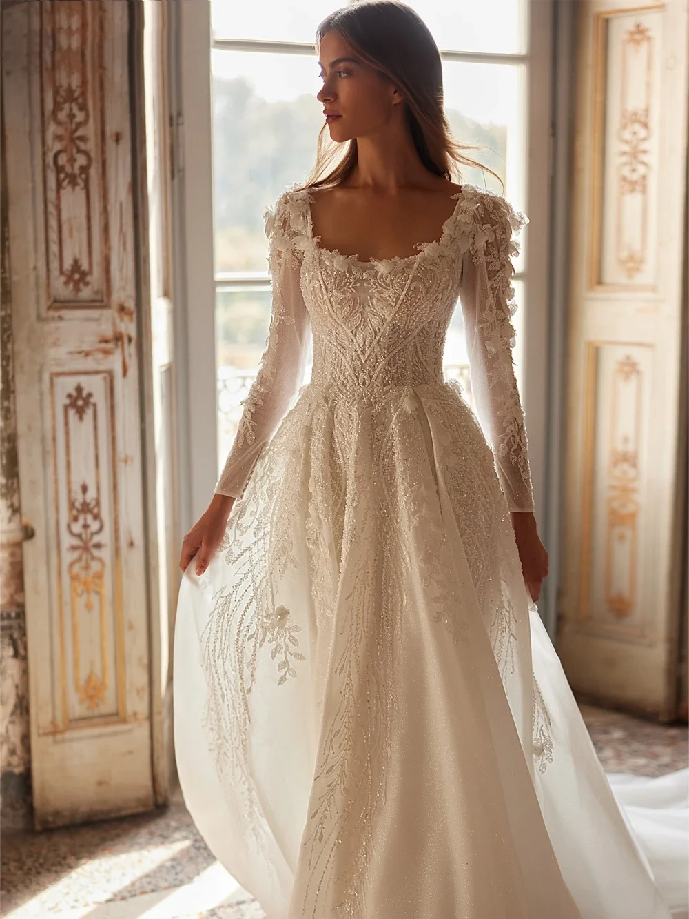 Flavinke ที่กําหนดเอง Glitter Elegant ลูกปัด A-Line ชุดแต่งงาน Tulle ดอกไม้ชุดเจ้าสาวประดับด้วยเลื่อมแขนยาวสําหรับเจ้าสาว