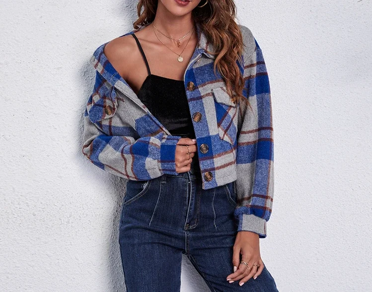 

Women's Jacket Balloon Sleeves Elegant Cropped Wool Loose Plaid Long-sleeved Jacket Autumn and Winter New Fashion Casual