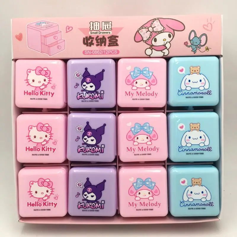 Sanrio Hello Kitty Mini Organizer Cartoon Cinnamoroll Melody Double Layer Jewelry Stickers Organizer Box Girls Gifts