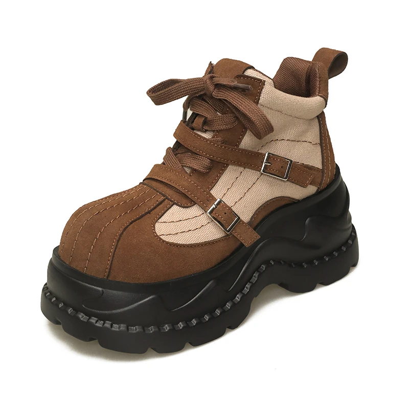 8CM High Platform Women's Boots Designer Belt Buckle Nubuck Leather Ankle Boots for Women Auttumn Chunky Sneakers Botas Mujer