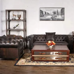 Antique Leather Chesterfield Living Room Sofa Set Luxury