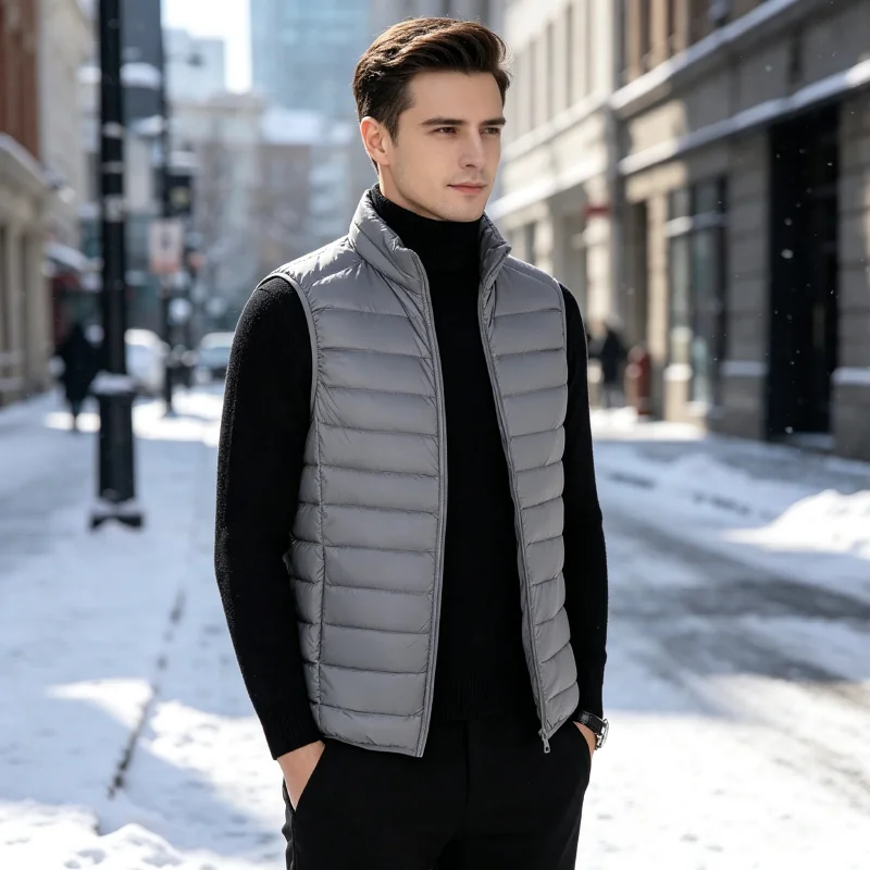Men's New Warm Sleeveless Vest Jacket Waterproof Zipper Stand-up Collar Casual Waistcoat for Autumn Winter Brand Clothing