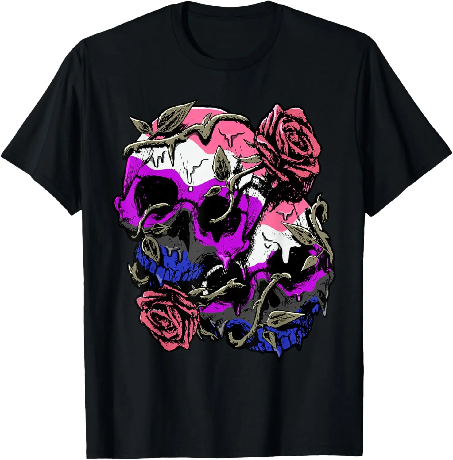 Gender Fluid Pride Flag Skull Roses Subtle LGBTQ T-Shirt