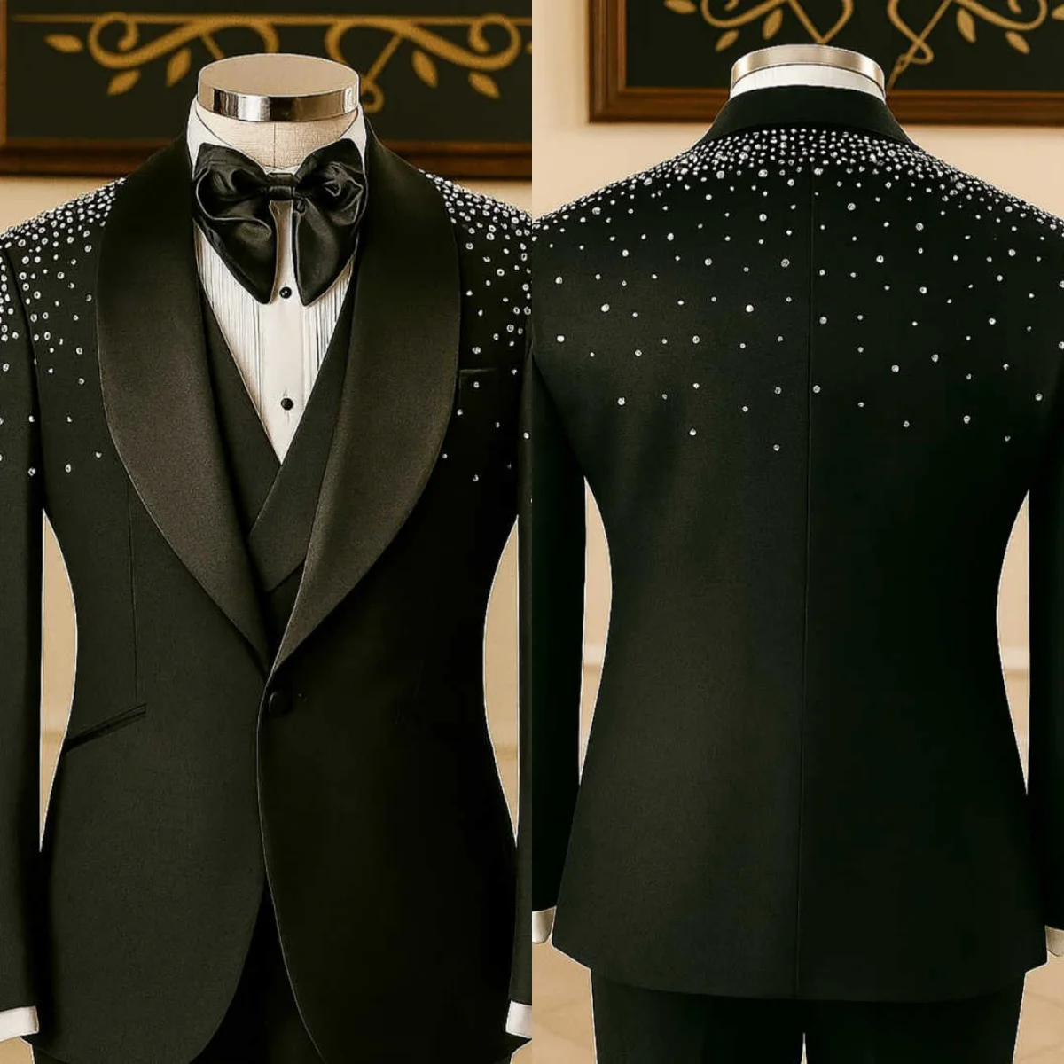 Rhinestone Luxurious Wedding Suits For Groom Shawl Lapel Single Breasted Tuxedos 2 Pcs Jacket Pants Party Prom Customized