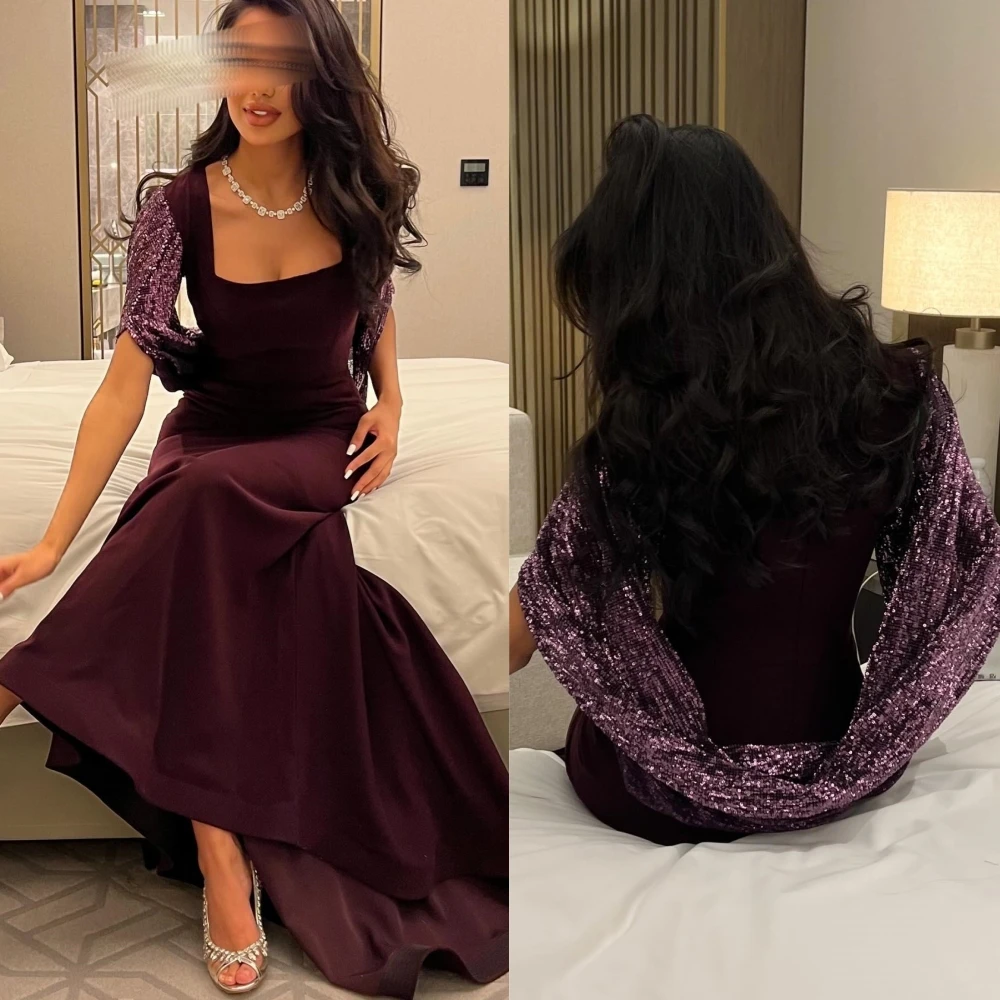 Vestido de graduación de Arabia Saudita, Vestido largo de terciopelo con lentejuelas, cuello cuadrado, sirena, ocasión a medida