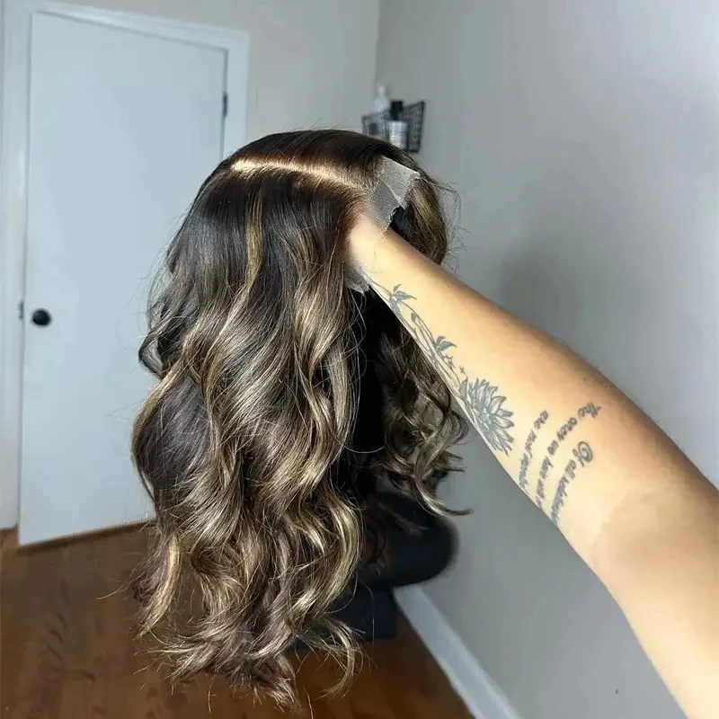 13x4 Ombre Dark Brown with Blonde Streaks Synthetic HD Lace Front Wig Belnd Human Hair Natural Preplucked Hairline Glueless Wig