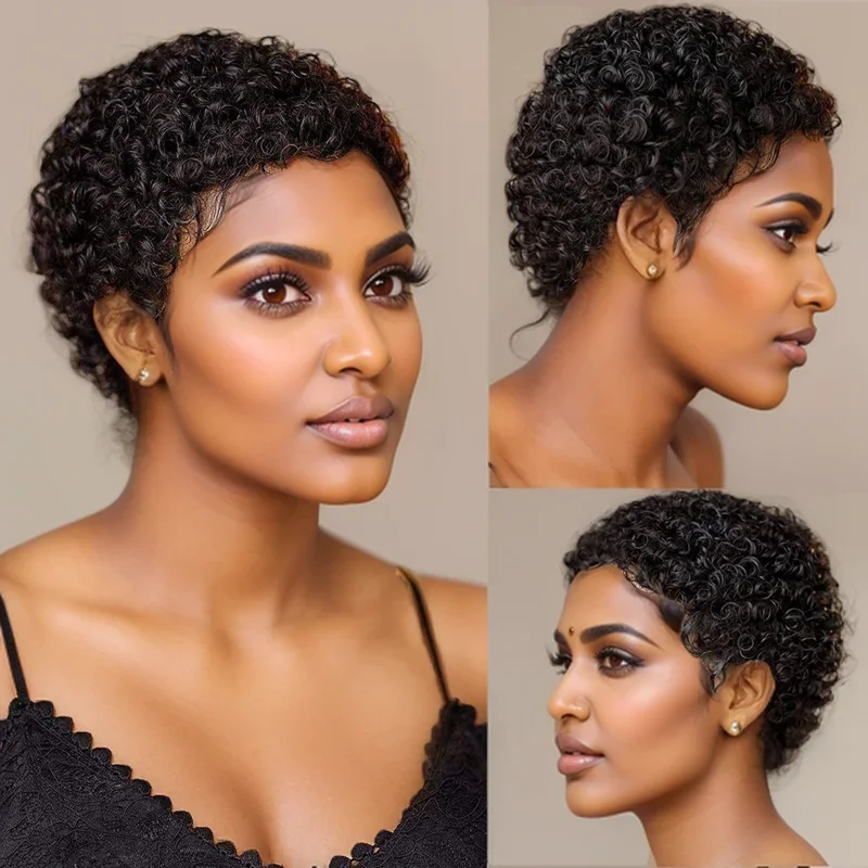 Short Afro Kinky Curly Hair Wigs For Women Human Hair African Fluffy Wig With Bangs Full Machine Made Pixie Cut Hair Wig