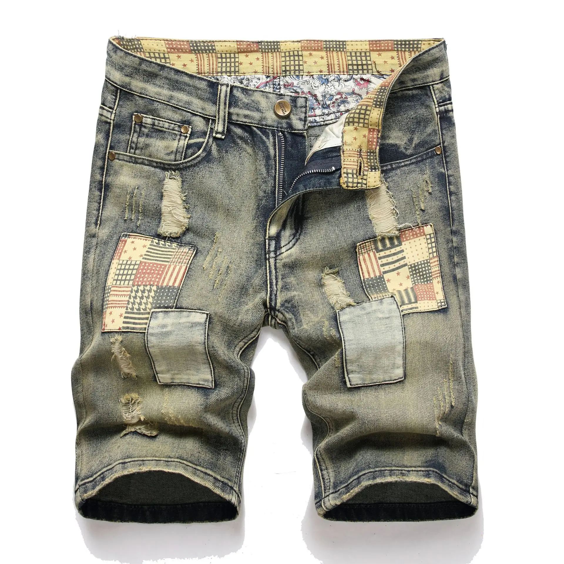 Men's High Street Ripped Short Jeans With Patchwork Fashion Washed Vintage Distressed Denim Shorts Retro Jeans Shorts Big Size