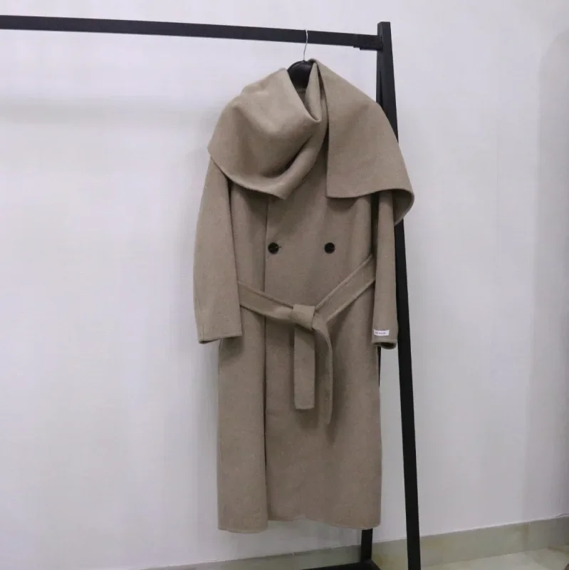 

SuperAen Korean High-end Double-sided Wool Cashmere Coat Fashion Big Scarf Long Double-breasted Tweed Coat Woman