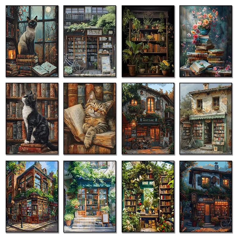 Modern Classics Library City Bookstore Cat Cafe Posters Prints Canvas Painting Wall Art Picture Living Room Home Decor