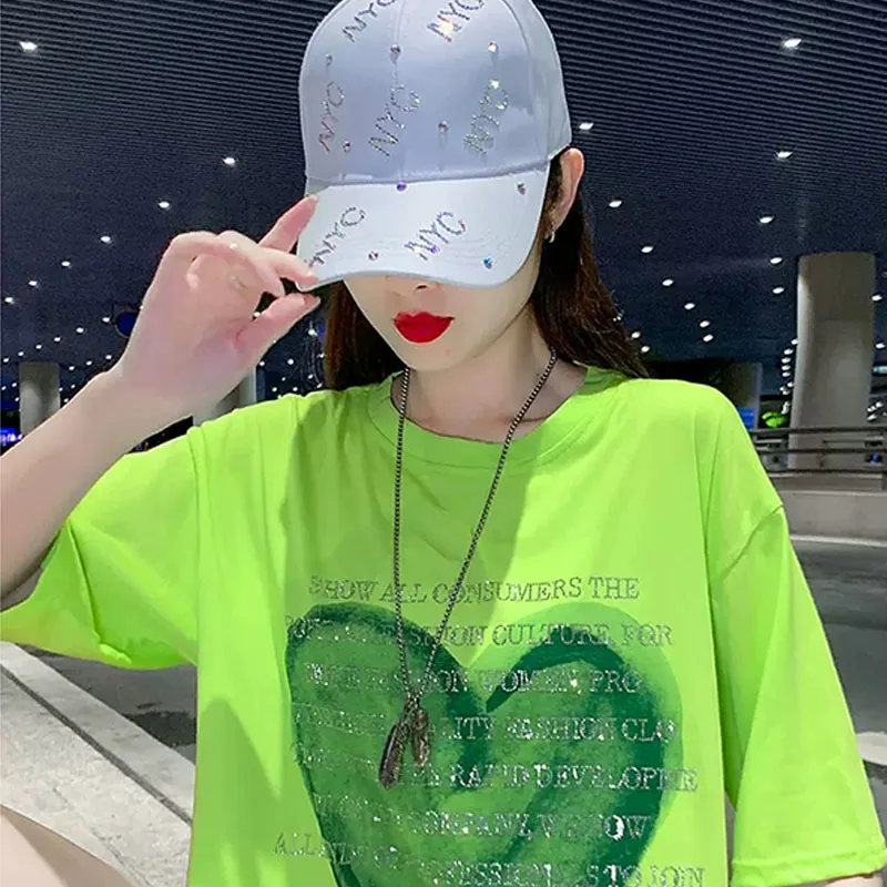 fluorescent green Fashion Women\'s T-shirt For Summer Short Sleeve Pulovers Loose Casual hot drill Cotton Tops T Shirt 4XL 150KG