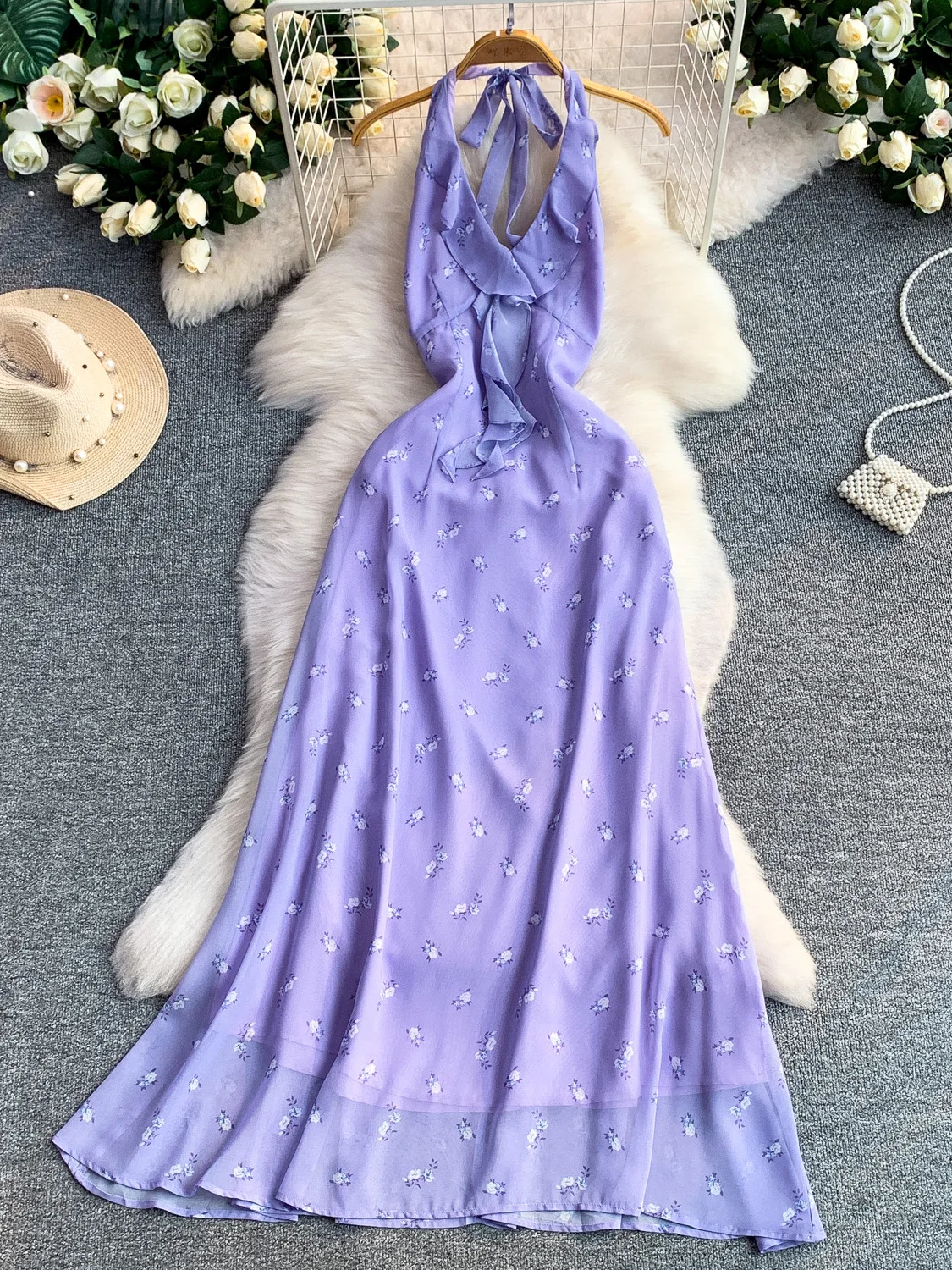 Summer Vacation Style Sexy Backless A-Line Dress Women's Beautiful Floral Print High Waist Maxi Skirt Casual Spring Summer Dress