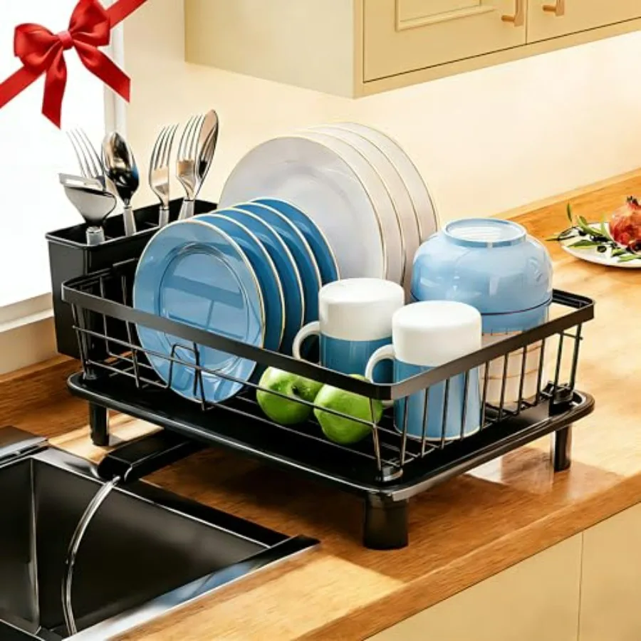 

Black Stainless Steel Space-Saving Dish Drying Rack with Removable Utensil Holder and New Drain Outlet for Kitchen Counter Plat