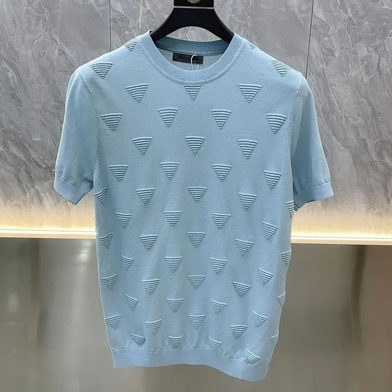2024 Summer New Commercial Affairs Casual Printing Short Sleeve T-shirt Korean Trend Fashion Round Neck Handsome Knitting Tops