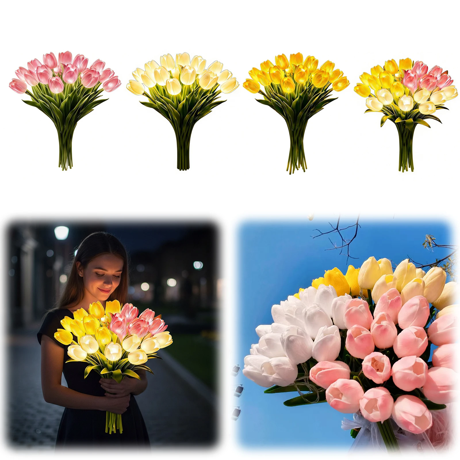 15Pcs Radiant Romantic Tulip Light Warm Light Flower Shaped Ambient Lamp Luminous Bouquet Ornament for Bedroom Bedside Decor