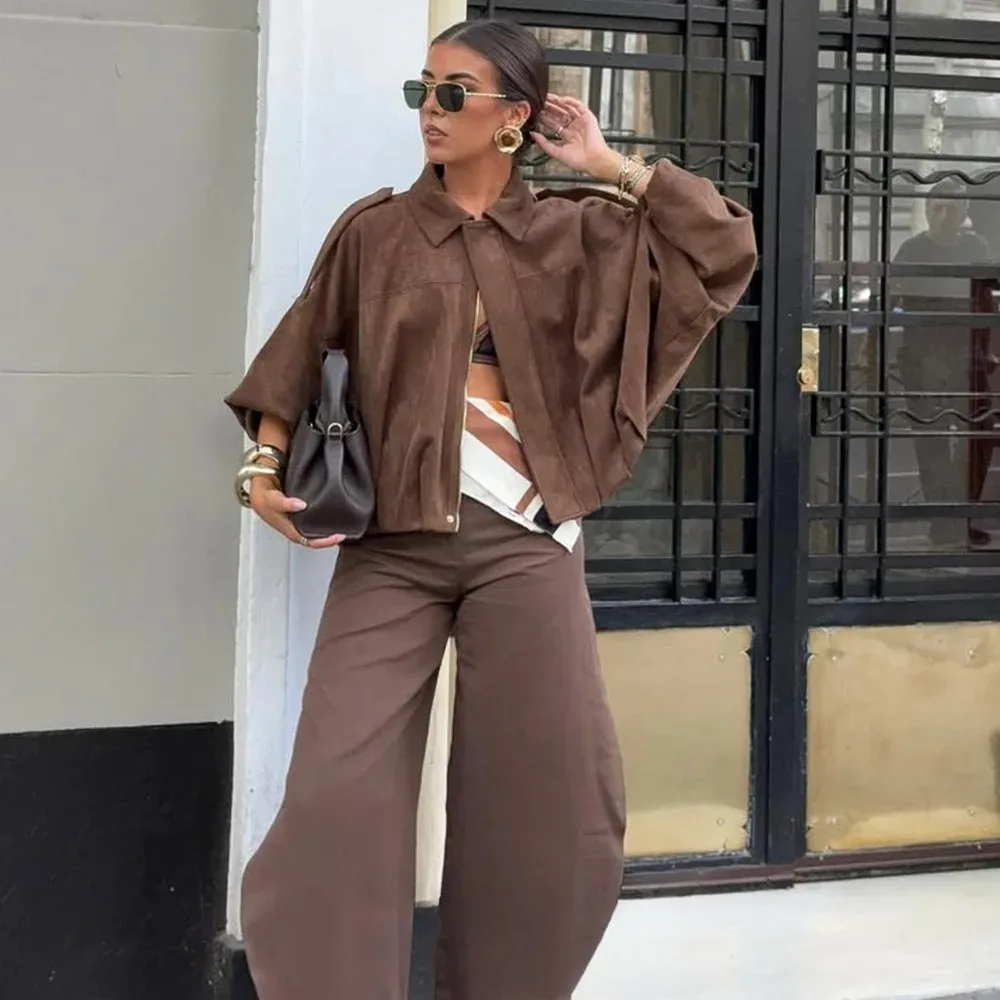 KONDALA 2025 خريف شتاء المرأة Bomber سترة التلبيب سحاب أكمام طويلة سترة من جلد الغزال المرأة عالية الشارع جاكيتات معاطف ملابس خارجية