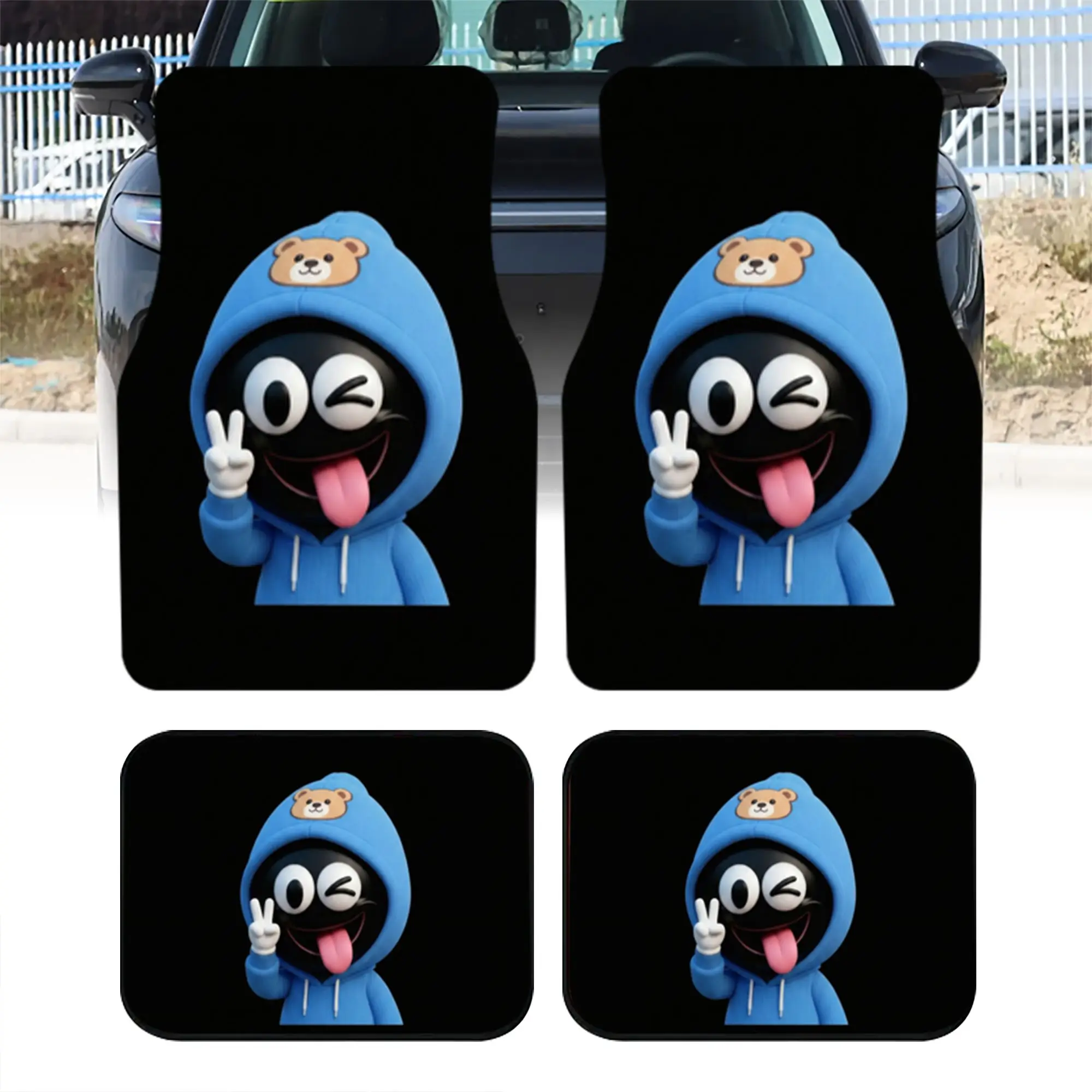 2pcs/4pcs Cute Blue Hoodie Character Print Car Floor Mats, Trendy Cartoon Interior Decor, Universal Fit Auto Ground Pads For Dai