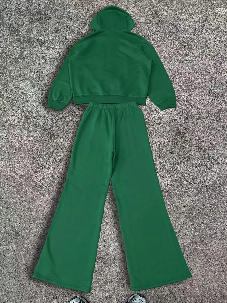 

Green Hooded Zipper Long Sleeve Hoodie And Drawstring Sweatpants Set