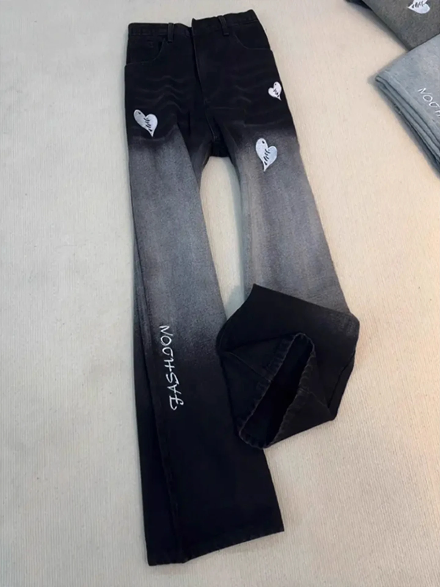 

Embroidered Fce Lined Men's Jeans Heart Letter Patchwork Straight Leg Casual Wear Youth Faion High Street Vibe Winter Wear