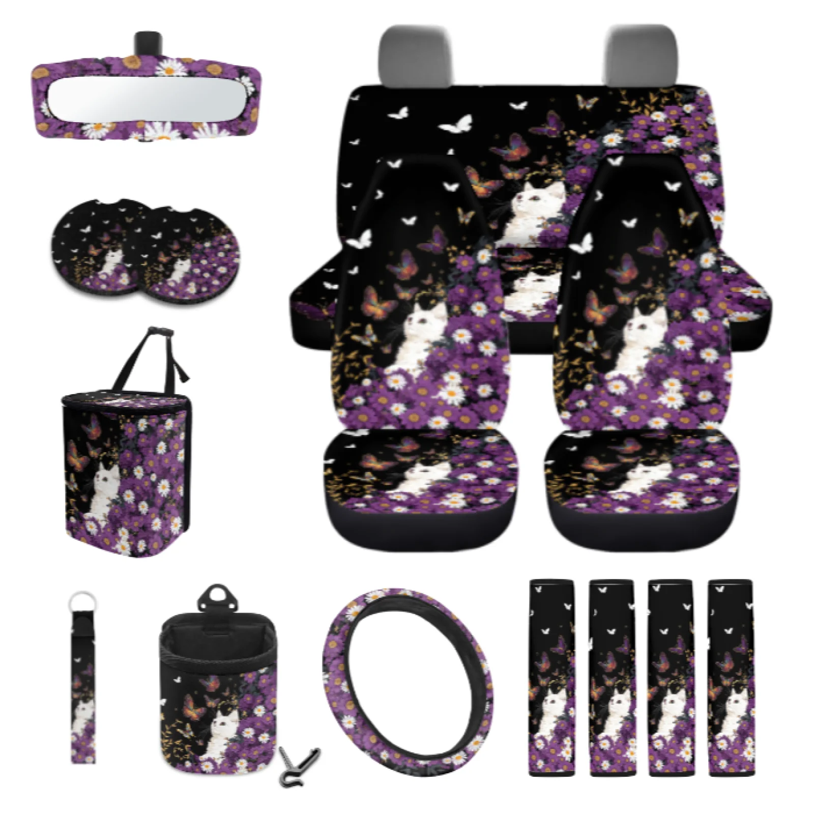 Coloranimal Cat Butterflies 15PCS with Utility Steering Wheel Cover and Auto Seat Belt Pad Cover for Car