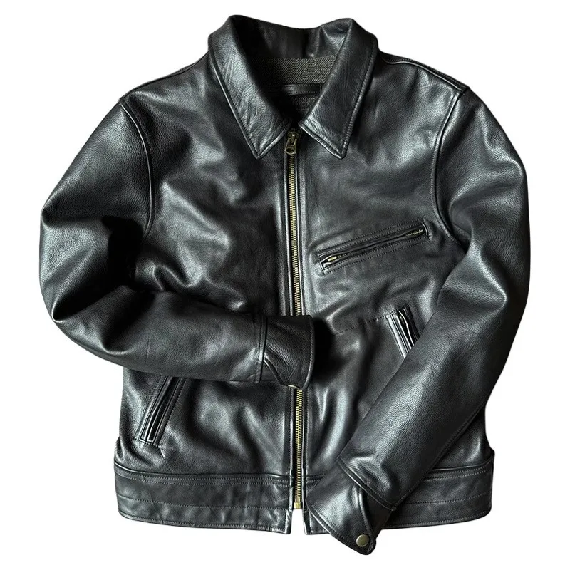 Short leather motorcycle with a lapel made of pure cowhide