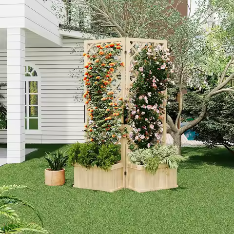 41"x10"x65" Freestanding Privacy Fence with Planter Box &amp; Trellis 2-Panel Outdoor Garden Divider Privacy Screen for Patio Deck