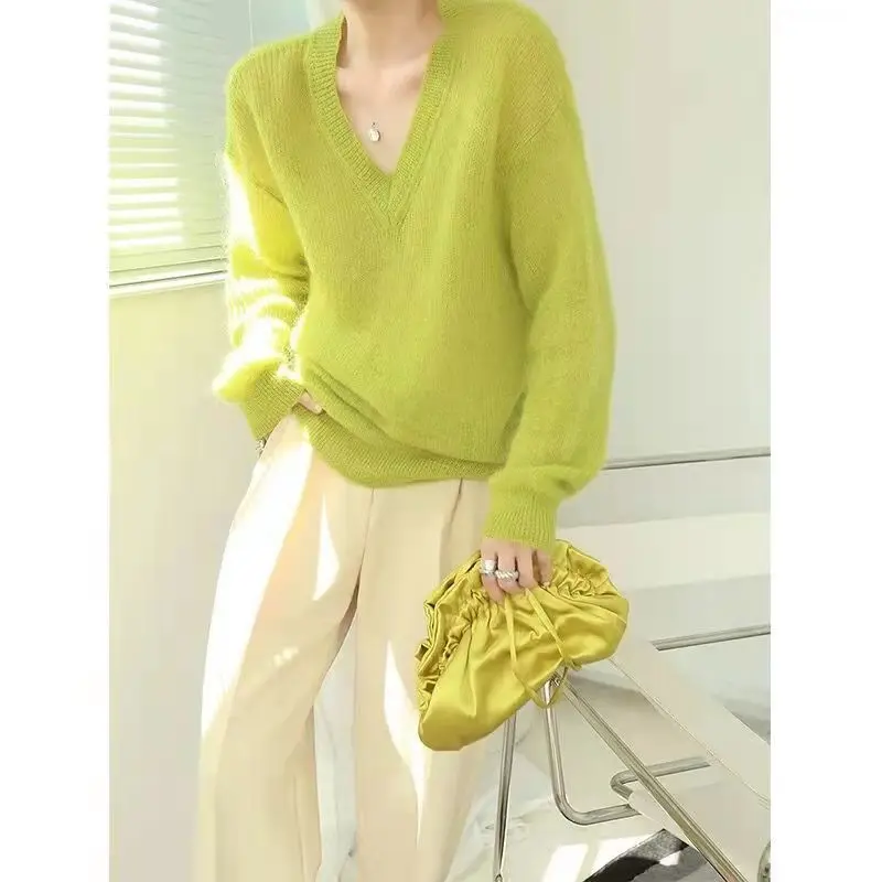 Sexy V Neck Long Sleeve Women Sweaters Soft Spring Autumn Jumpers Fashion Harajuku Oversized Hollow Out Green Knitted Pullovers