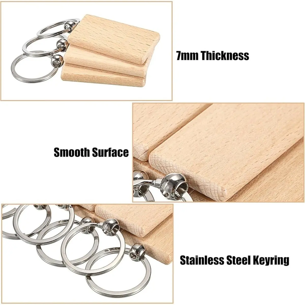 100pcs Raw Wooden Keychain Blanks, Rectangular DIY Wooden Tags with Rings,Craft Supplies for DIY Use