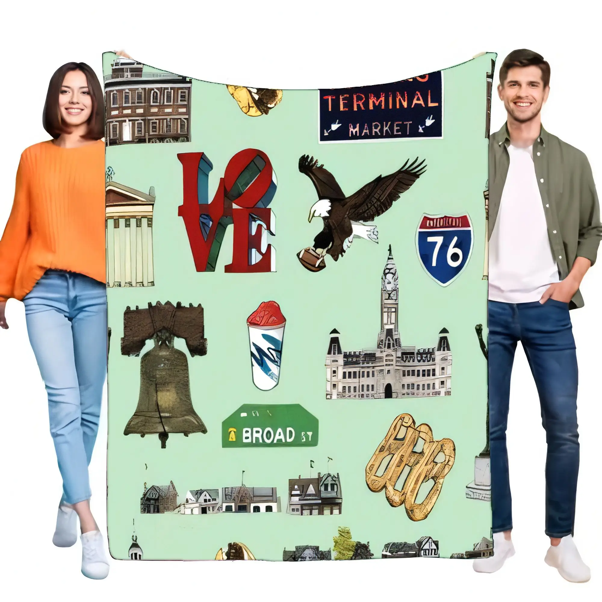 Philadelphia Souvenir Blanket | Philly Landmarks Eagles Fan Cozy Soft Flannel Throw for Bed Sofa Travel | Unique City Gift
