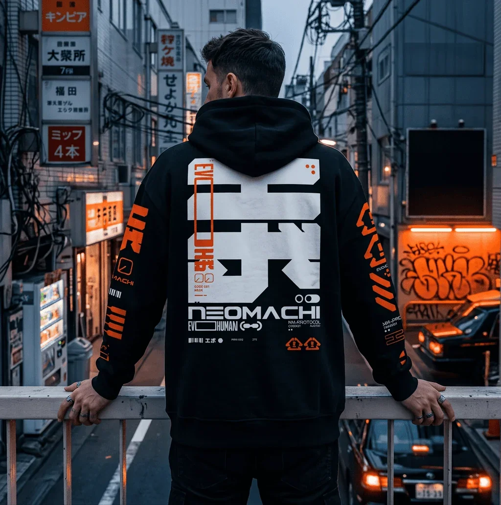 NeoMachi Techwear Hoodie Japanese Streetwear Futuristic Graphic Hooded Sweatshirt Men Cyberpunk Rban Street Style