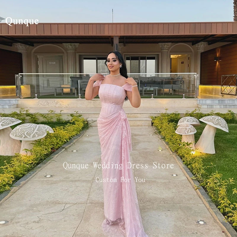 

Qunque Strapless Chiffon Evening Dresses With Tail Short Sleeves Dubai Formal Gown Mermaid Women Lace Party Dress Customized