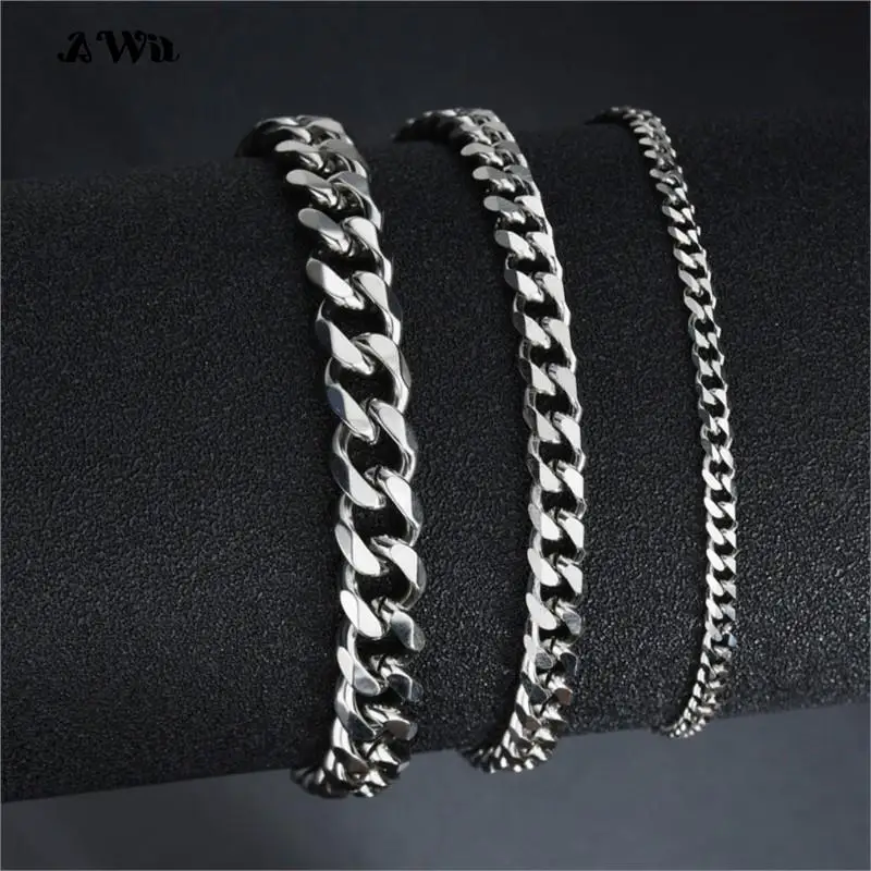 Awit Mens Simple 3-11mm Stainless Steel Curb Cuban Link Chain Bracelets for Women Unisex Wrist Jewelry Gifts