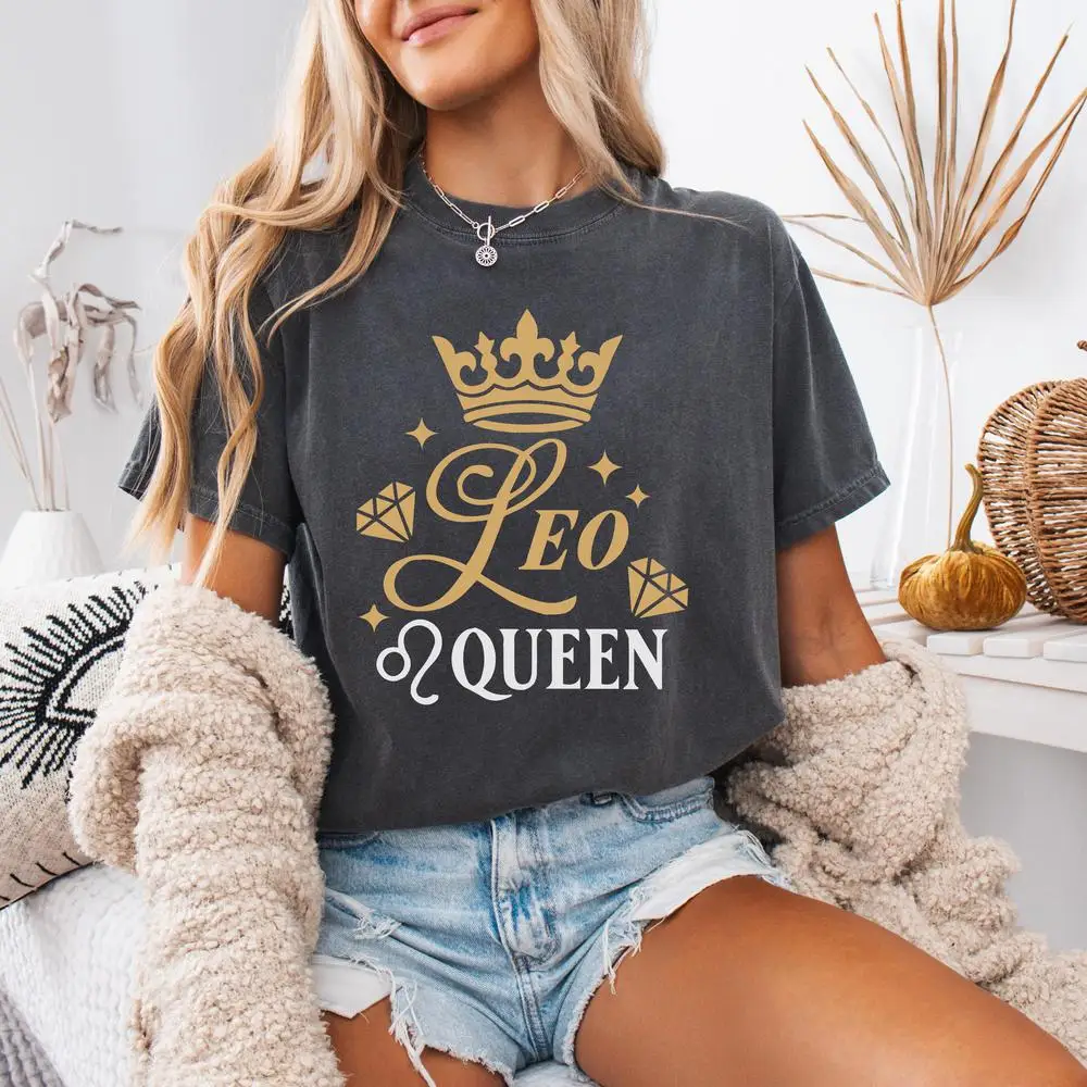 

Рубашка Лео Королевы, хлопковая рубашка, подарок Leo со знаком зодиака для женщин, одежда Льва с астрологическим знаком, дизайн Золотая Корона, Алмазная Звезда Лев