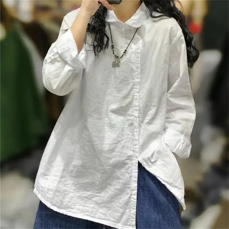 2024 Spring Summer Women\'s Cotton And Linen Shirt Solid Color Ladies Blouse Long Sleeve Versatile Leisure Lady Shirts Tops