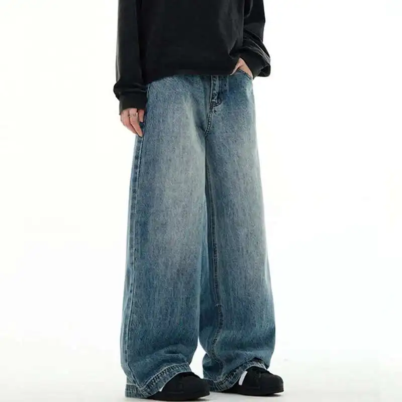 Novo lavado calças de brim retas masculinas na moda cor sólida estilo americano perna larga calças jeans versátil calças casuais