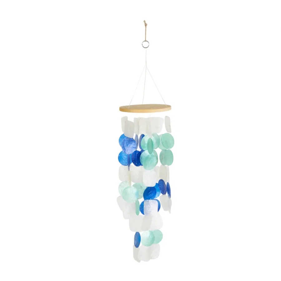 

5Inch White Capiz Shell Waterfall Geometric Windchime with Blue and Teal Accents for Indoor Outdoor Garden Decor Harmonious Sou
