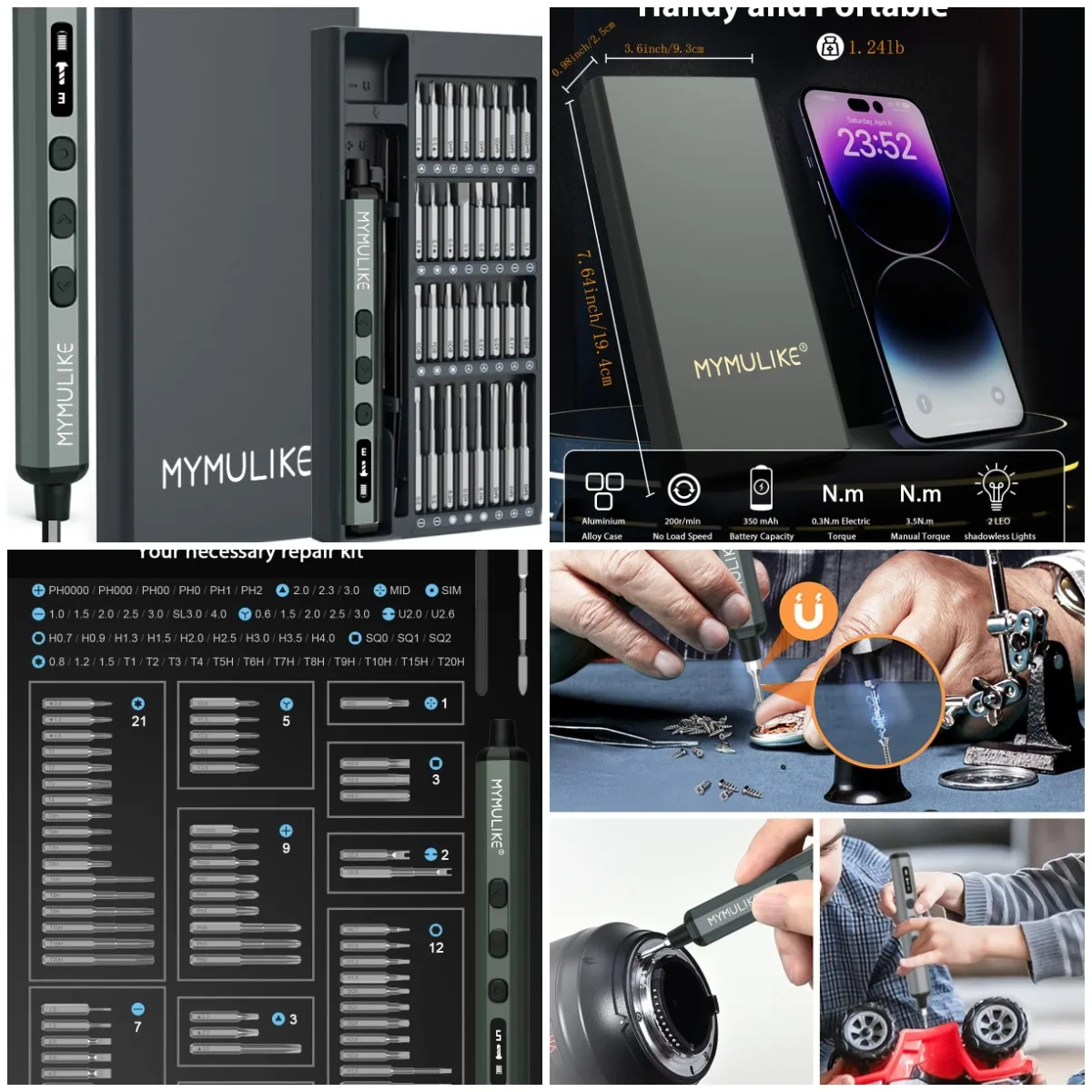 

68pcs Electric Screwdriver Set, 3.7V Mini Precision Power Tool with 64 Magnetic Bits, 5 Torque Settings, 4 LED Lights for Phone,